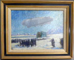 Frank Wilbert Stokes (American, 1858-1955), oil-on-canvas laid to board, Dirigible Norge on its historic 1926 flight over the North Pole, 11 5/8 x 15 5/8 inches (sight). Sterling Associates image